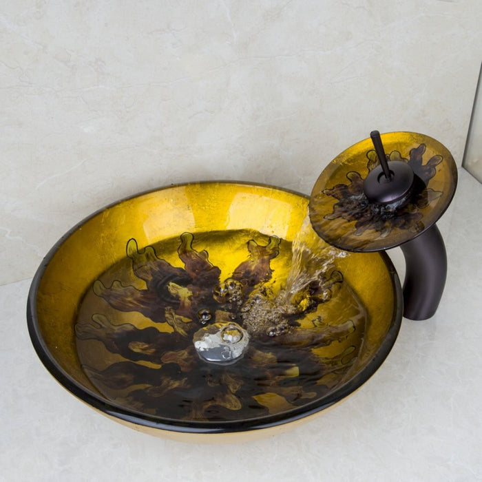 Yellow Hand Painting Bowl Glass Basin Countertop Mixer Tap Faucet Set