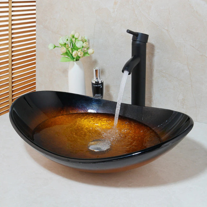 Black Mixer Round Sink Faucet Bathroom Glass Basin