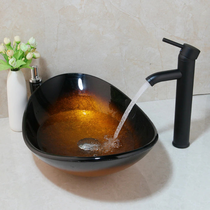 Black Mixer Round Sink Faucet Bathroom Glass Basin
