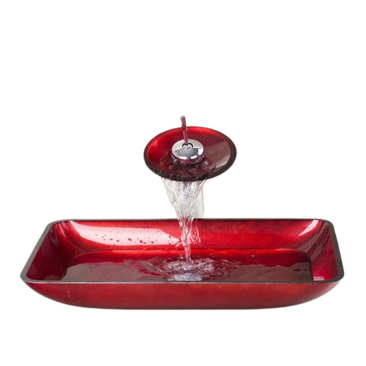 Red Tempered Glass Bathroom Sink Faucet Mixer Tap Set