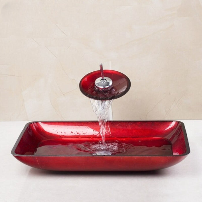 Red Tempered Glass Bathroom Sink Faucet Mixer Tap Set