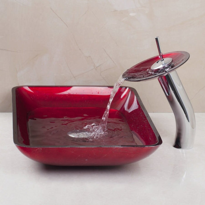 Red Tempered Glass Bathroom Sink Faucet Mixer Tap Set