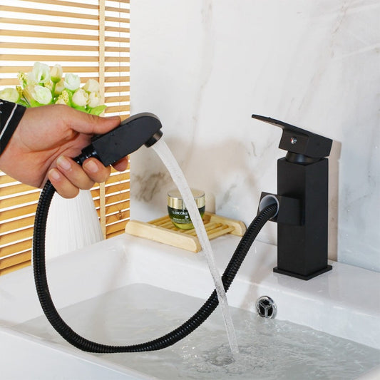 Black Painting Deck Mounted Pull-Out Bathroom Faucet