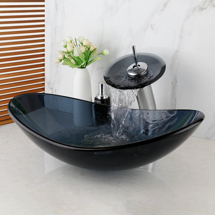 Black Transparent Oval Washroom Basin With Faucet