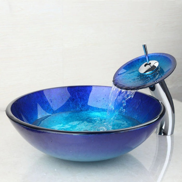 Blue Chrome Glass Basin Tap And Bathroom Washbasin