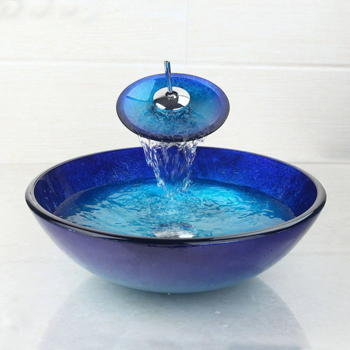 Blue Chrome Glass Basin Tap And Bathroom Washbasin