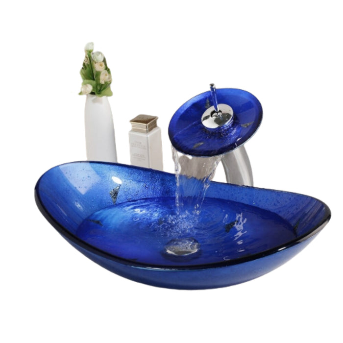 Blue Hand Paint Bathroom Glass Sink Tap Mixer Set