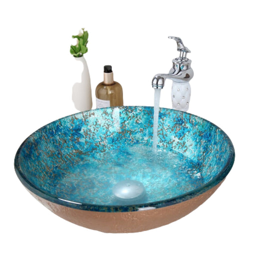 Blue Sea Art Hand Painted Tempered Glass Basin Sink Set