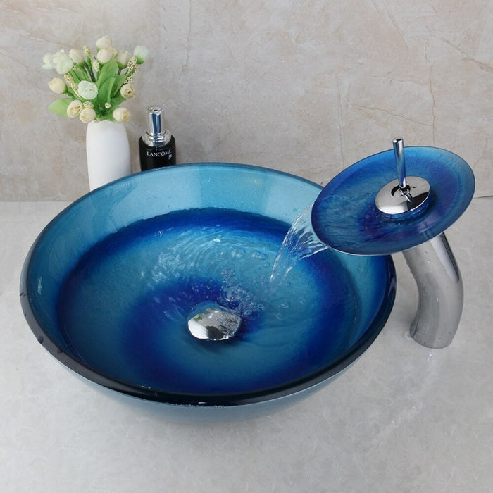 Hand Painted Blue Tempered Glass Basin Set