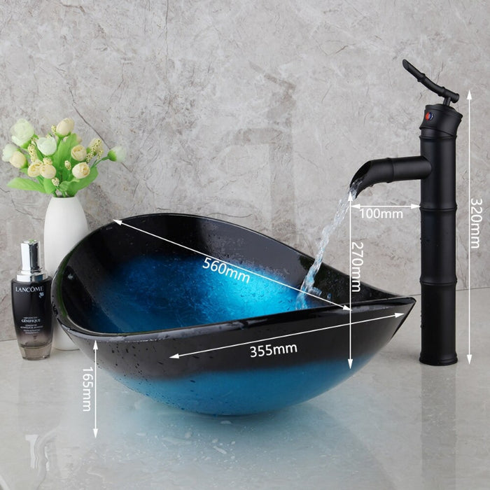 Blue Tempered Glass Basin Sink Faucet Vessel Drain Combo Set