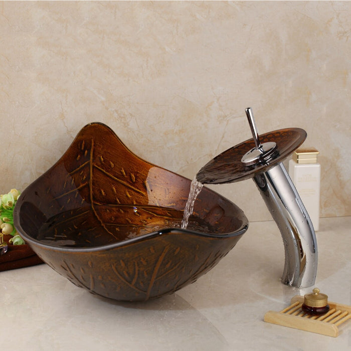 Brown Golden leaf Vessel Tempered Glass Sink Set