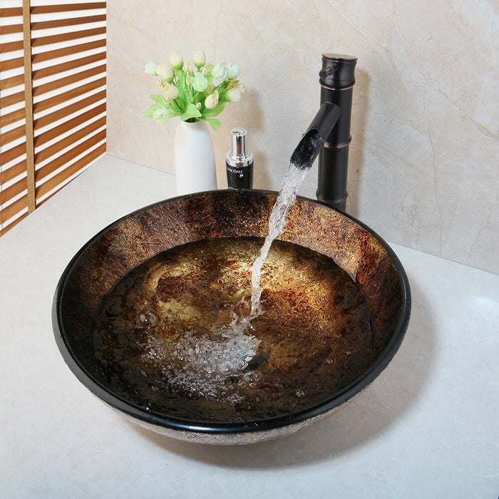 Brown Round Glass Wash Basin And Faucet Set