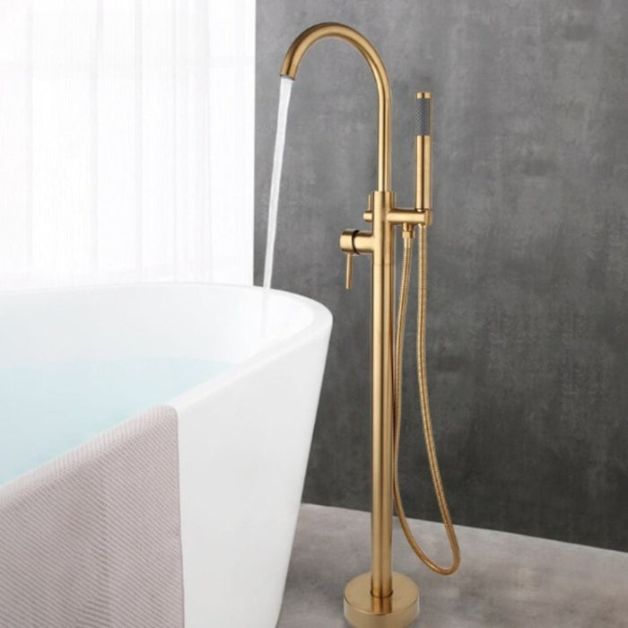 Gold High Rise Floor Mounted Bathtub Filler Shower Faucet Set