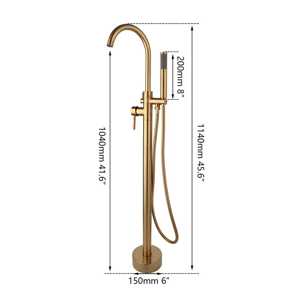 Gold High Rise Floor Mounted Bathtub Filler Shower Faucet Set