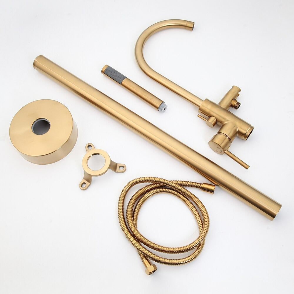 Gold High Rise Floor Mounted Bathtub Filler Shower Faucet Set