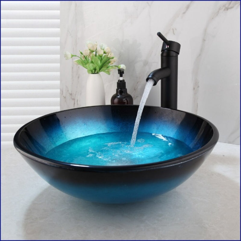 Black Blue Hand Painted Tempered Glass Counter Top Basin Set