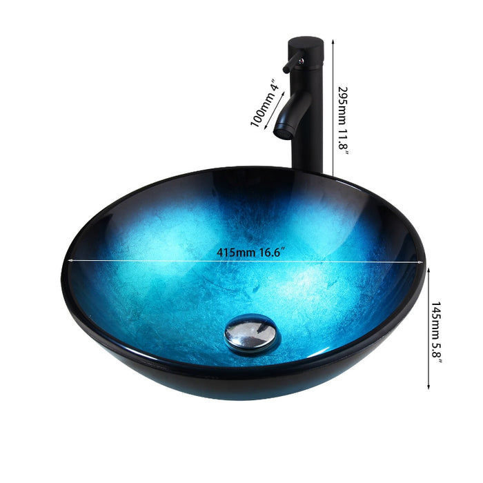 Black Blue Hand Painted Tempered Glass Counter Top Basin Set