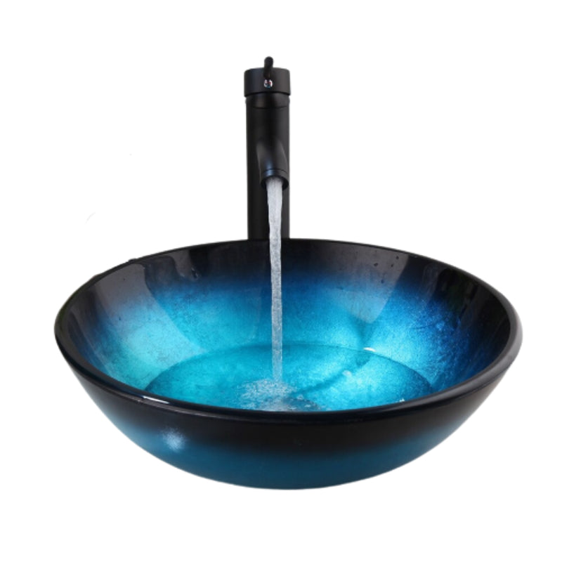 Black Blue Hand Painted Tempered Glass Counter Top Basin Set