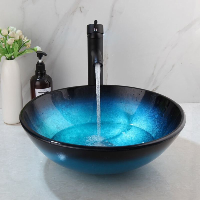 Black Blue Hand Painted Tempered Glass Counter Top Basin Set