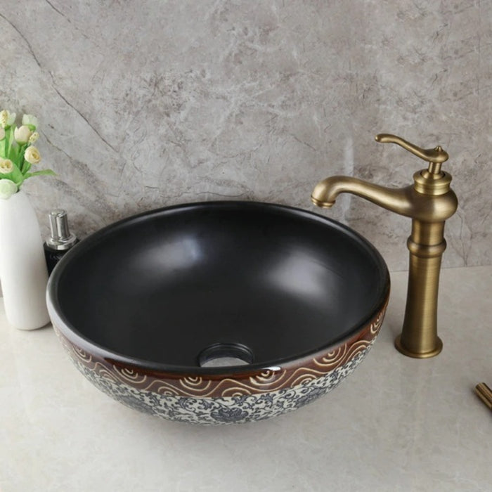 Antique Brass Round Ceramic Wash Basin Faucet Set