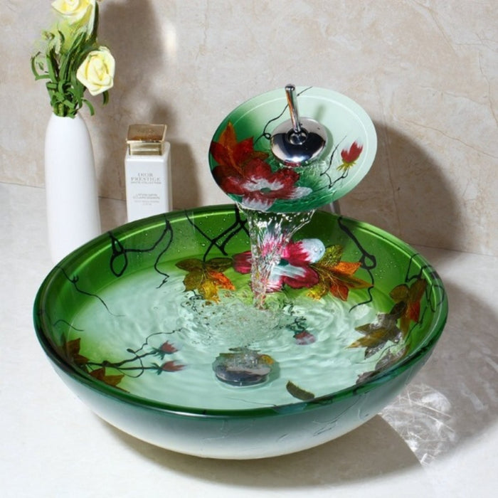 Floral Printed Chrome Waterfall Basin With Tap