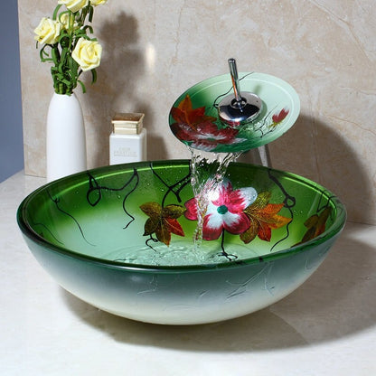 Floral Printed Chrome Waterfall Basin With Tap