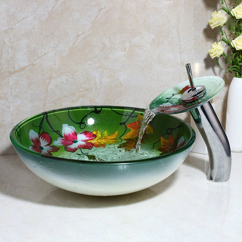 Floral Printed Chrome Waterfall Basin With Tap