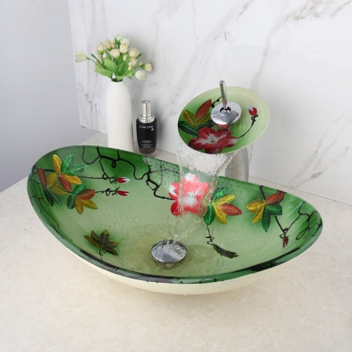 Floral Hand-Painted Basin Bowl Bathroom Sink With Faucet