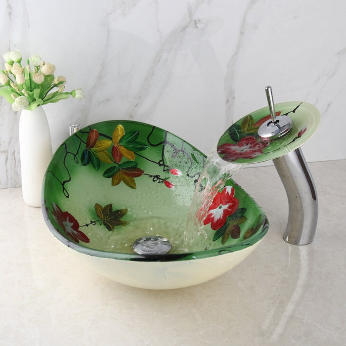 Floral Hand-Painted Basin Bowl Bathroom Sink With Faucet