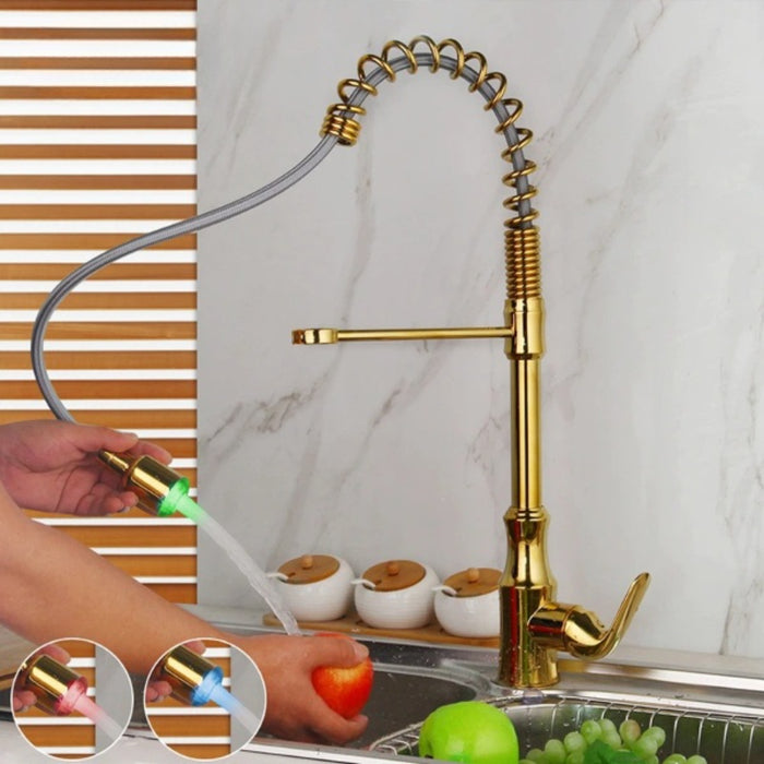 LED Golden Pull Down Spring Spray Mixer Faucet