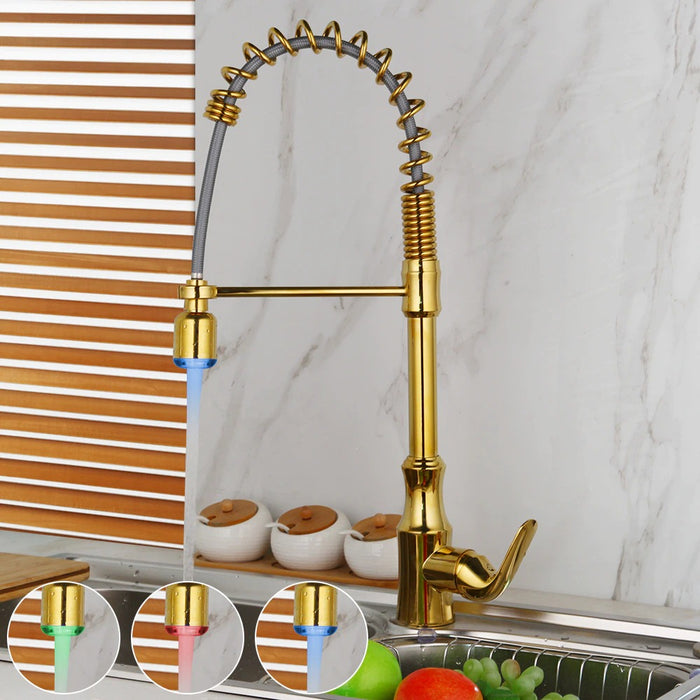 LED Golden Pull Down Spring Spray Mixer Faucet