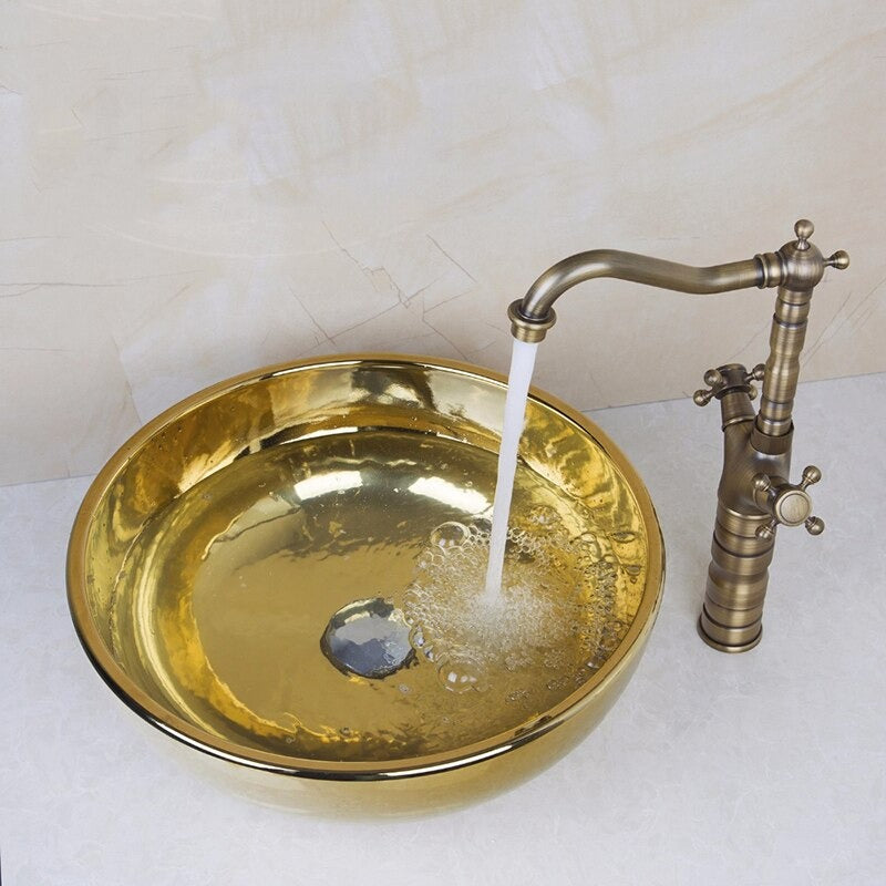 Antique Round Polished Golden Ceramic Sink Set