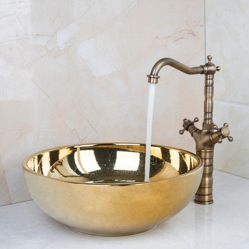 Antique Round Polished Golden Ceramic Sink Set