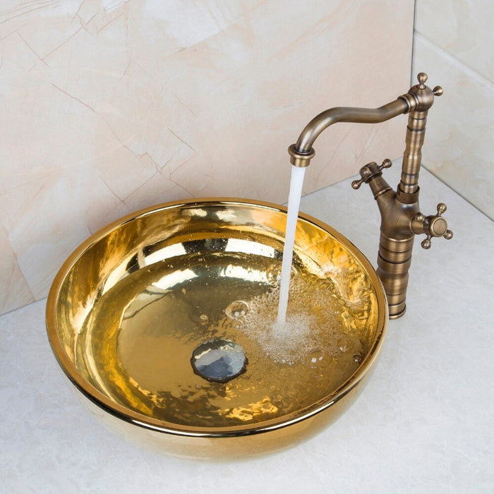Antique Round Polished Golden Ceramic Sink Set