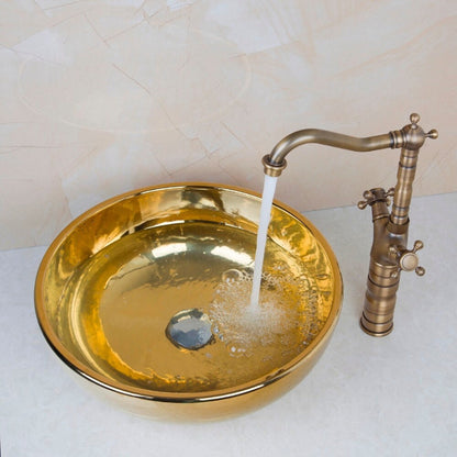 Antique Round Polished Golden Ceramic Sink Set