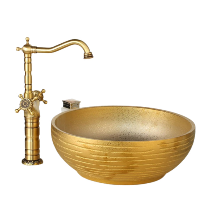 Golden Ceramic Bowl Sink Faucet Art Tap Set