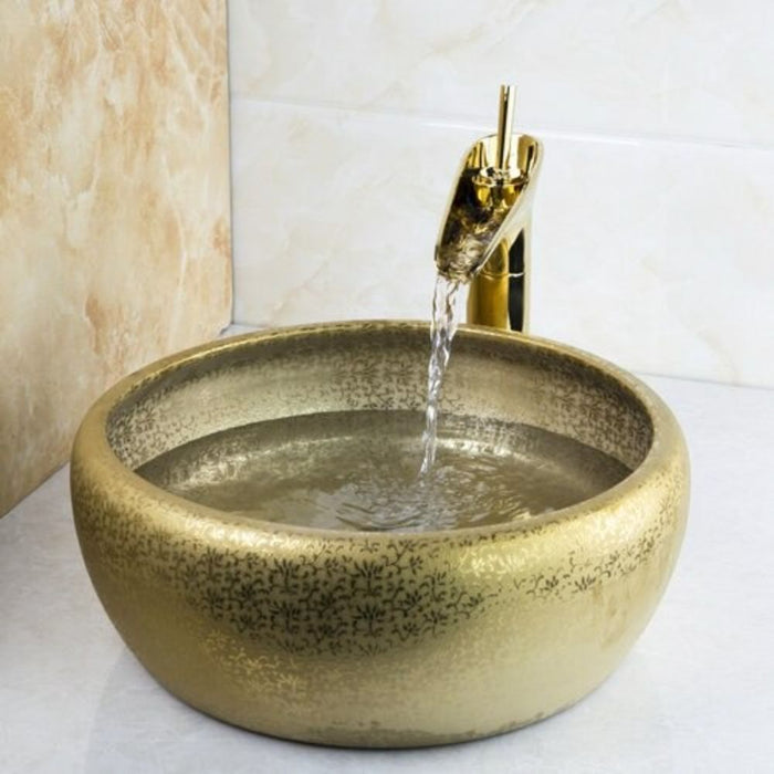 Golden Brass Waterfall Faucet And Basin Set