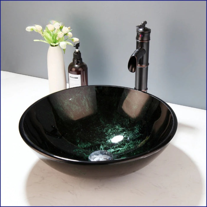 Tempered Glass Green Stone Round Wash Basin Set