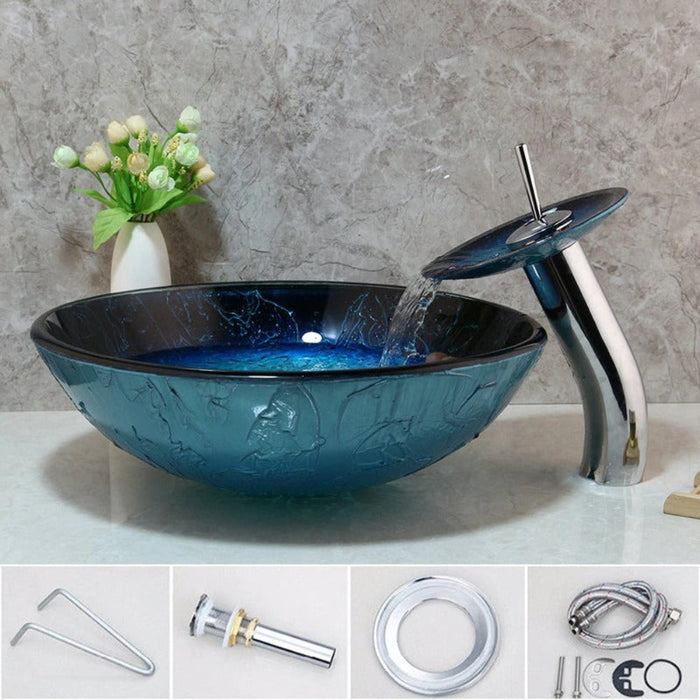 Hand Painted Blue Tempered Glass Counter Top Basin Set