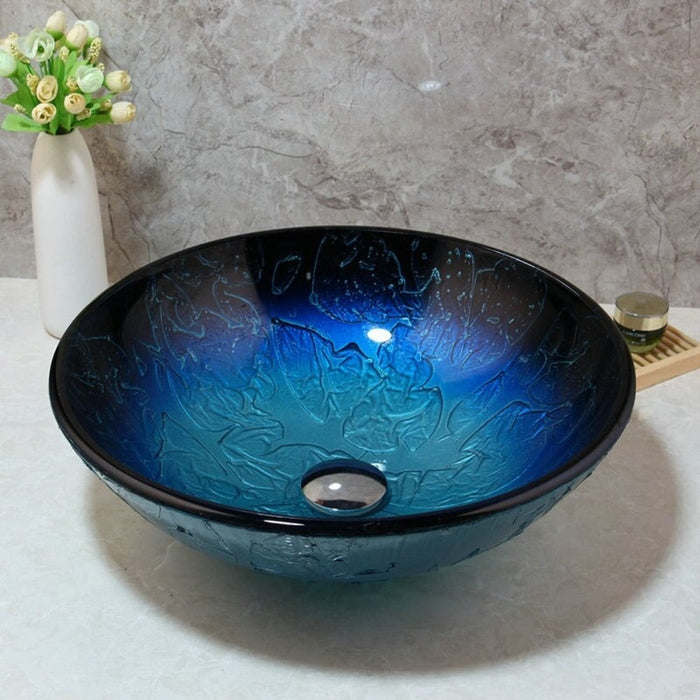 Hand Painted Blue Tempered Glass Counter Top Basin Set