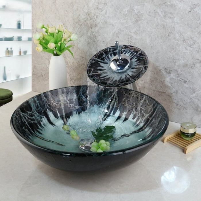 Hand-Painted Black Tempered Glass Chrome Round Basin