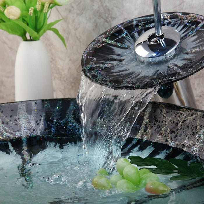 Hand-Painted Black Tempered Glass Chrome Round Basin