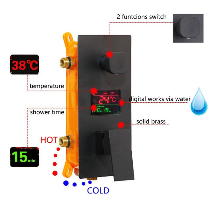 Matte Black Thermostatic Temperature Display Digital Shower Set
