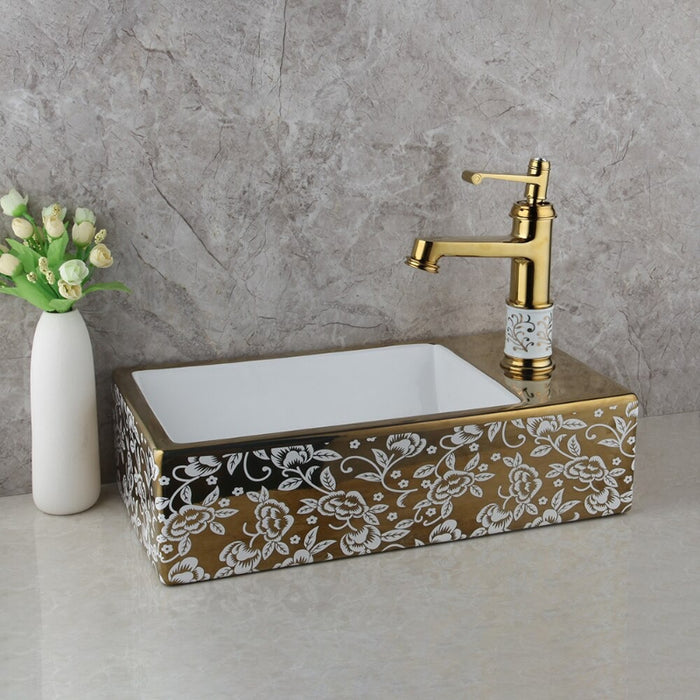 Golden Ceramic Vessel Basin Sink Combine Brass Faucet