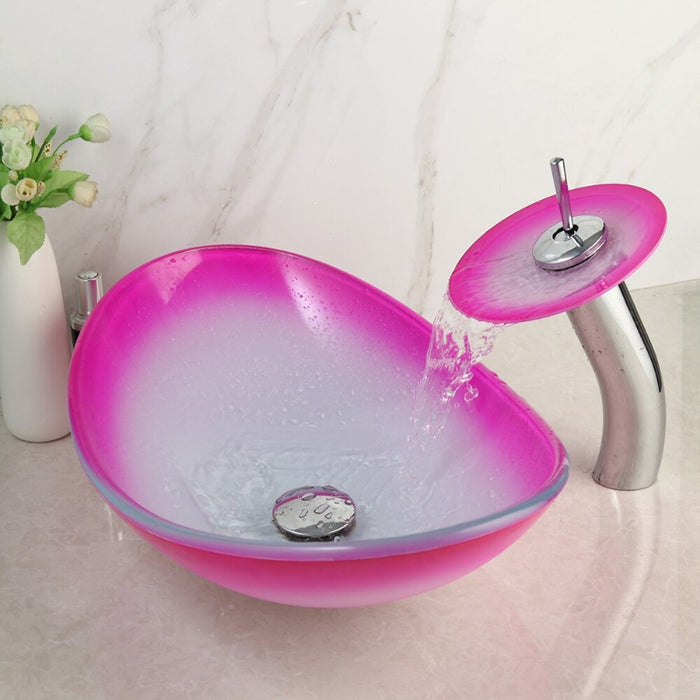Pink Artistic Tempered Glass Countertop Basin Faucet Set
