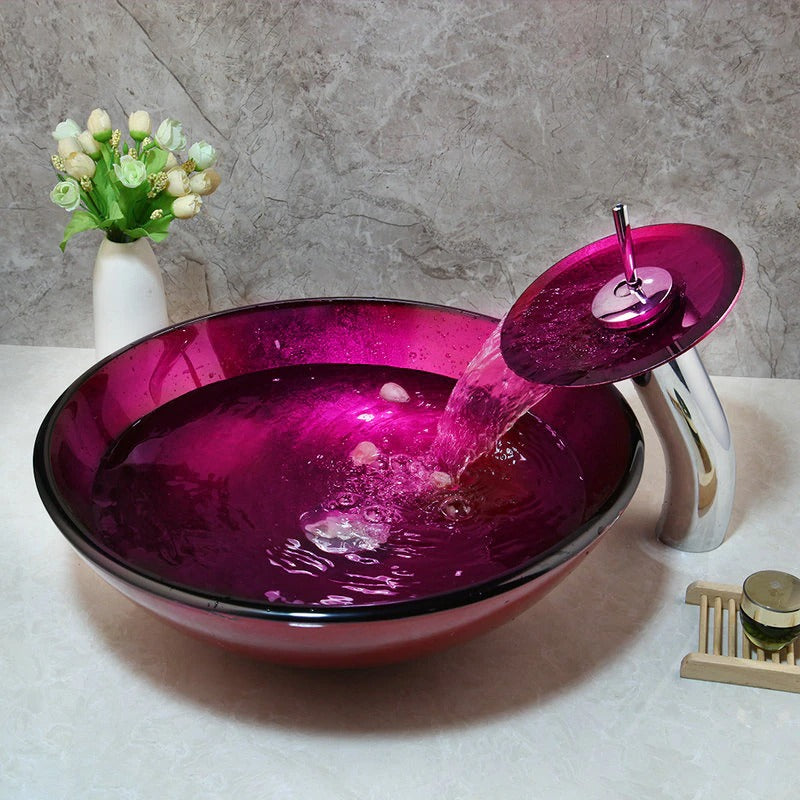 Rose Red Unique Tempered Glass Basin Sink With Faucet