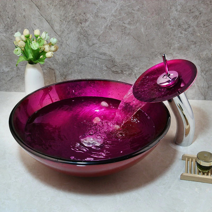 Rose Red Unique Tempered Glass Basin Sink With Faucet