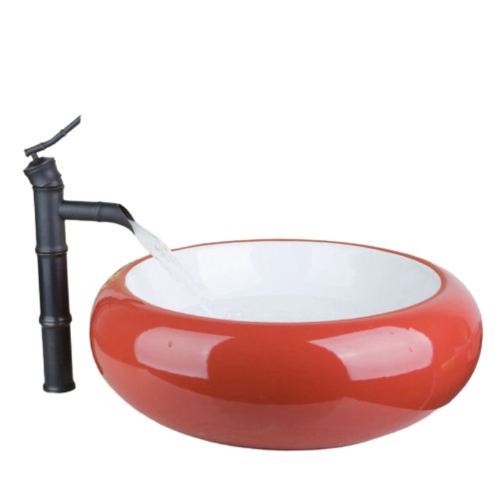Red Color Round Ceramic Basin Sink Faucet Set