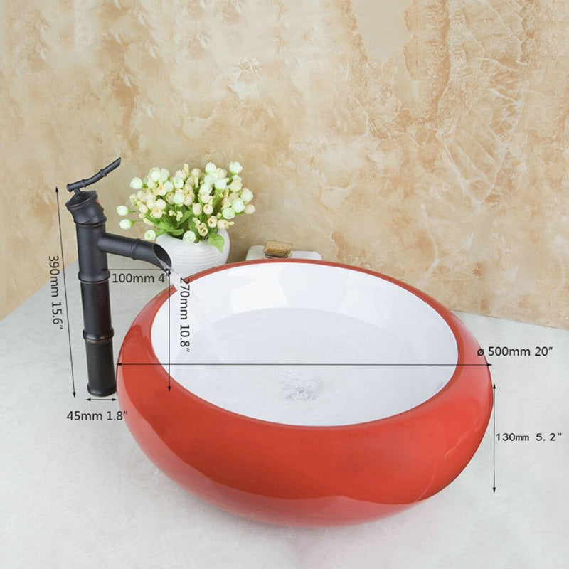 Red Color Round Ceramic Basin Sink Faucet Set