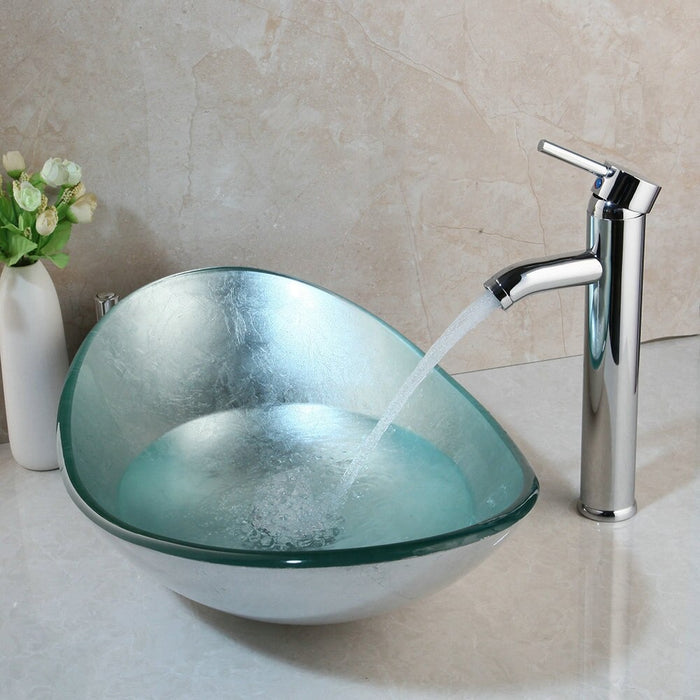 Silver Hand Paint Bathroom Glass Sink Faucet Set Tap Set